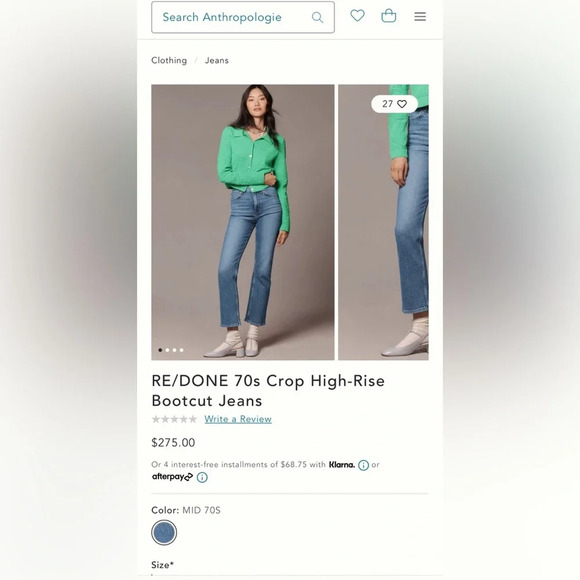 NWT RE/DONE 70s Crop High-Rise Bootcut Jeans 25 - Picture 2 of 13